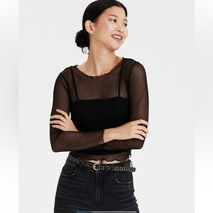 American Eagle Outfitters Black Sheer Mesh Long-Sleeve Top